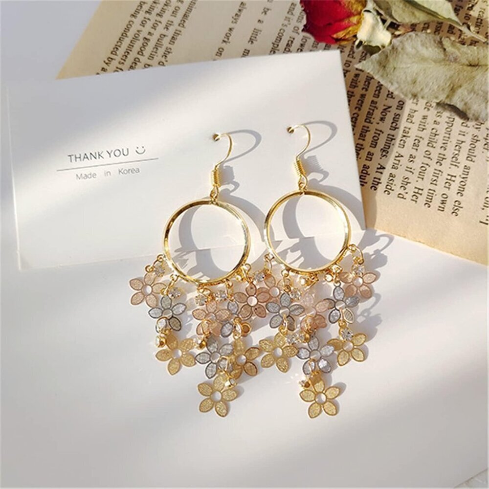 Women's Bohemian Long Colorful Chandelier Tassel Flower Dangle Drop Hoop Earring - Picture 3 of 9